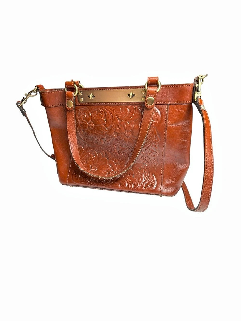 Patricia Nash Tooled Leather Western Crossbody Shoulder Bag Cognac Brown
